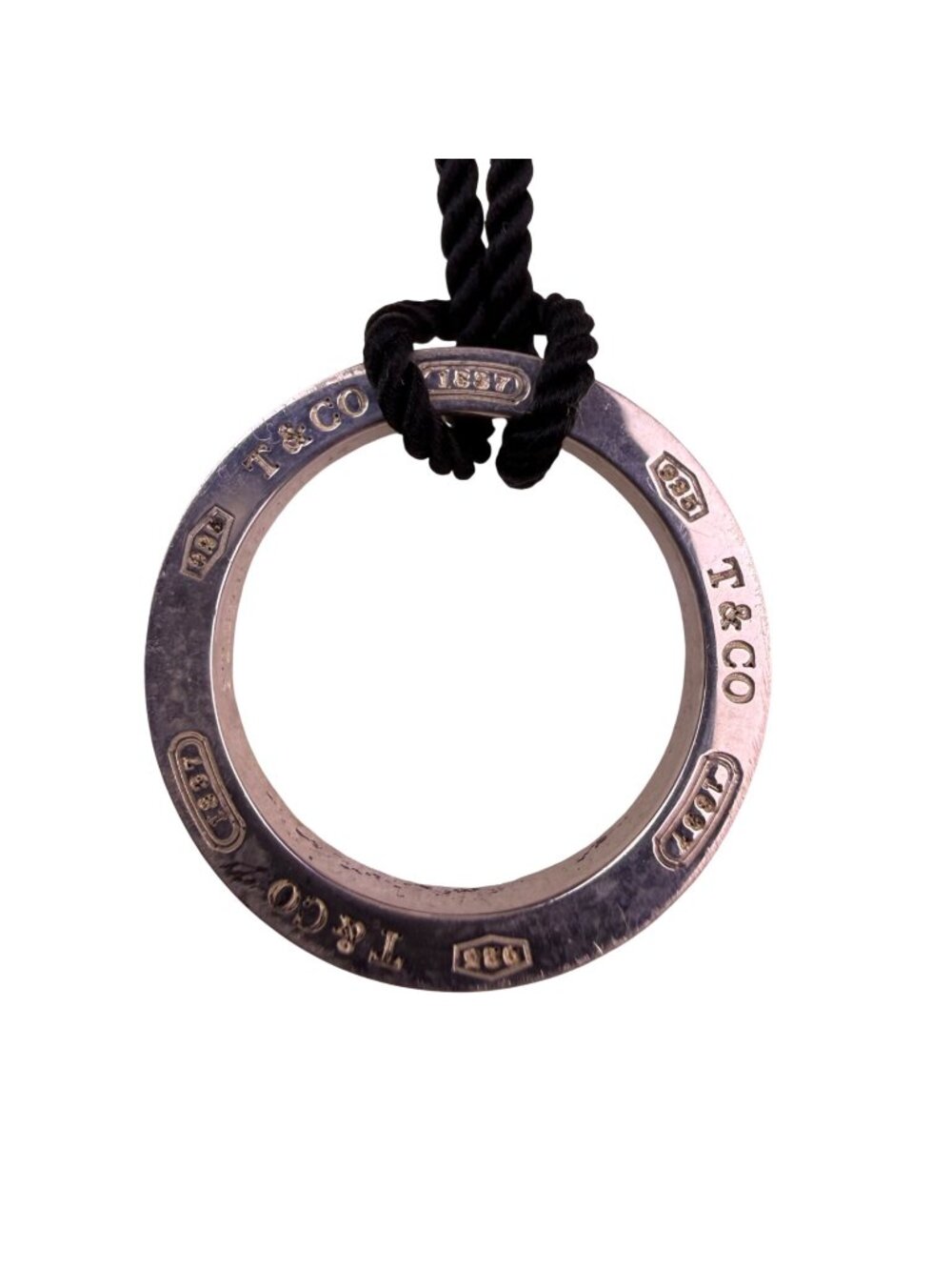 Tiffany & Co. Unisex Sterling Silver Round Pendant Black Cord Necklace
